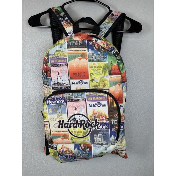 HARD ROCK CAFE PACKABLE‎ POSTCARD BACKPACK Soft Shell Backpack Multicolor Pocket - Picture 1 of 11